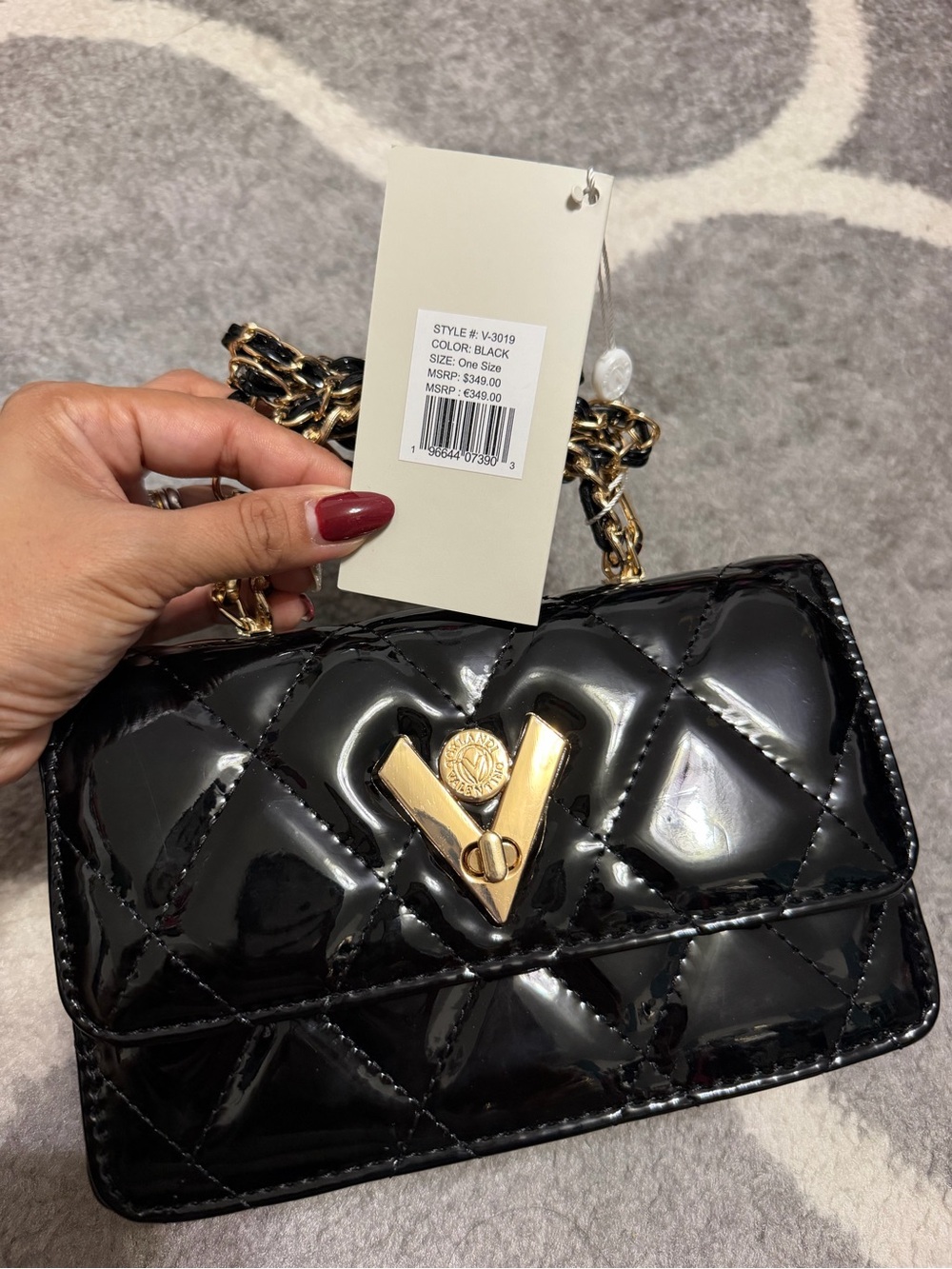 Valentino Orlandi Black Quilted Patent Crossbody with Gold V-Turn Lock